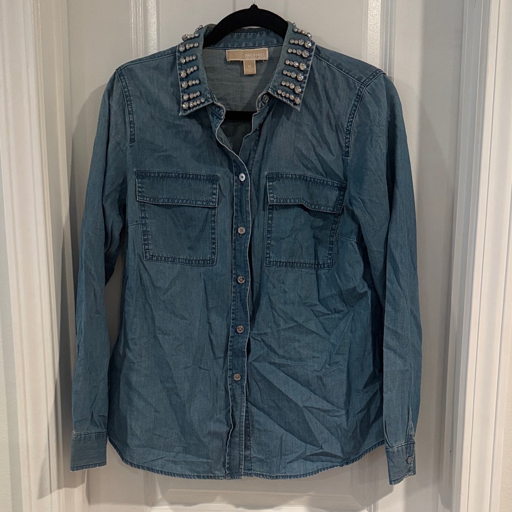 Michael Kors Blue Denim Shirt with Crystal Accents